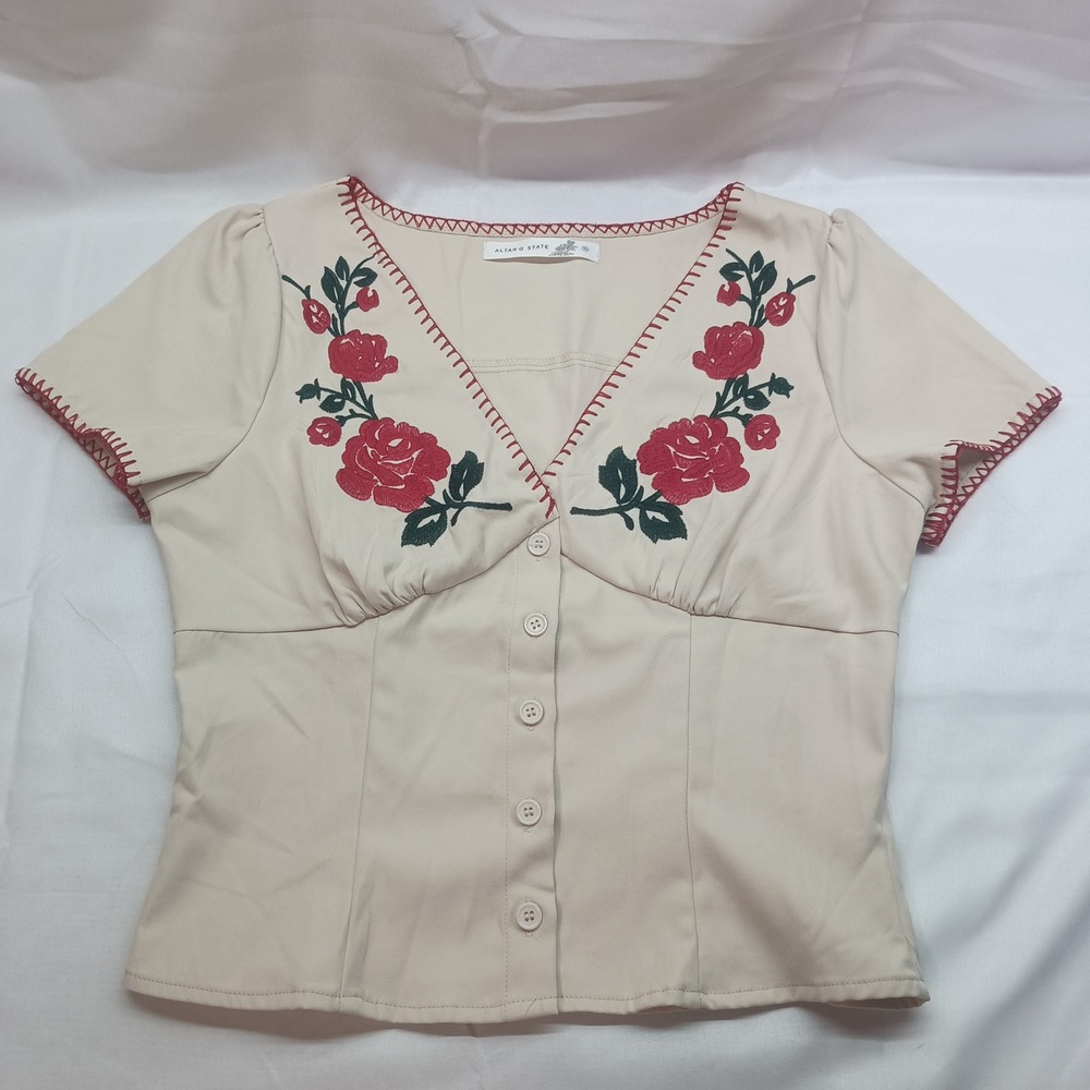 Altar'd State Beige Rose Embroidered V-Neck Button Front Blouse Womens S Cottage